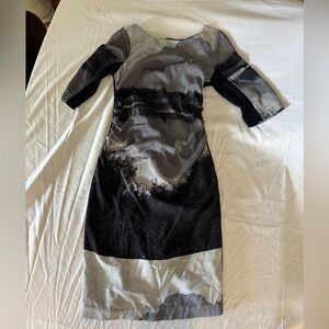 Tracy Reese Black and Gray Abstract Midi Sheath Dress
